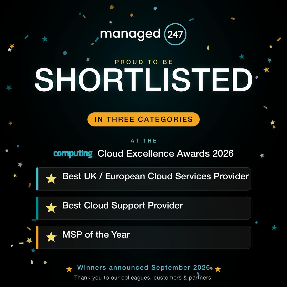 Managed247 shortlisted in three categories at the Computing Cloud Excellence Awards 2026: Best UK and European Cloud Services Provider, Best Cloud Support Provider, and MSP of the Year. Winners announced September 2026.