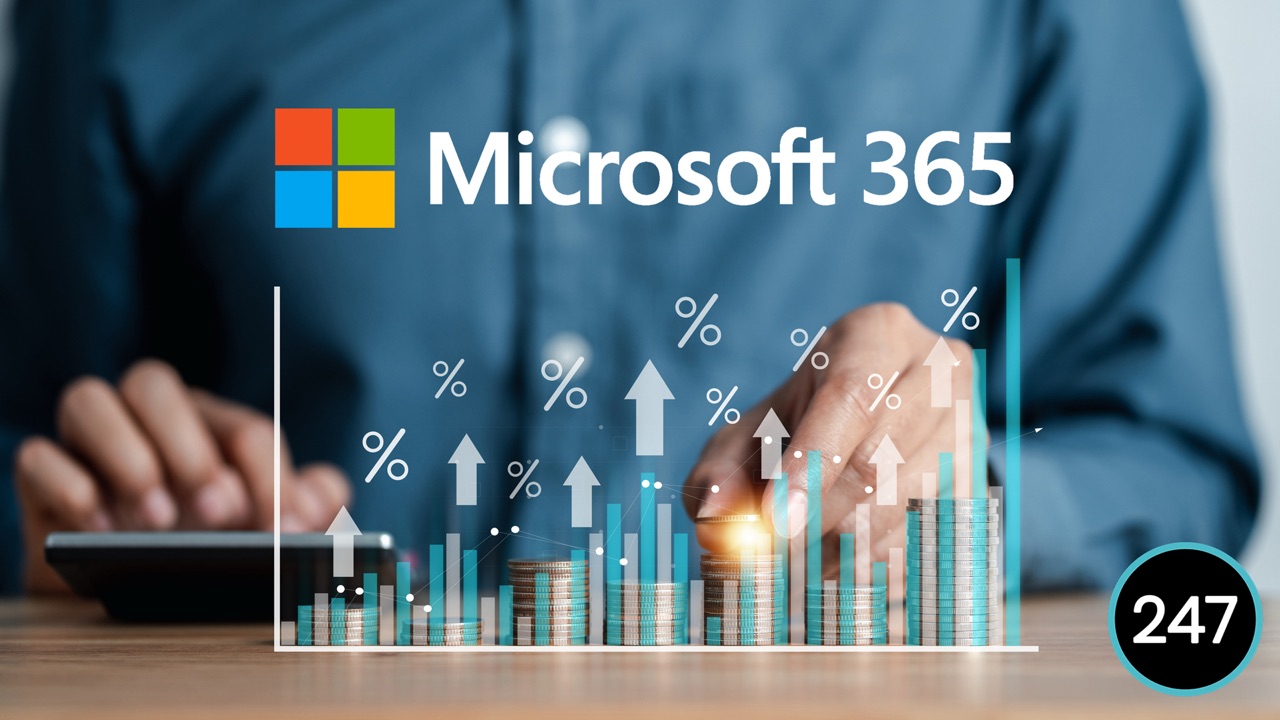 The Microsoft 365 logo above stacked coins and rising percentage arrows, representing the July 2026 price increases