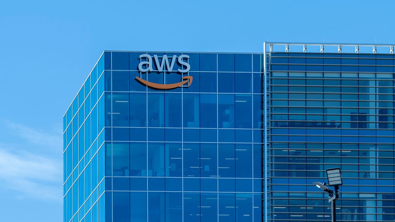 The AWS logo on an Amazon Web Services building